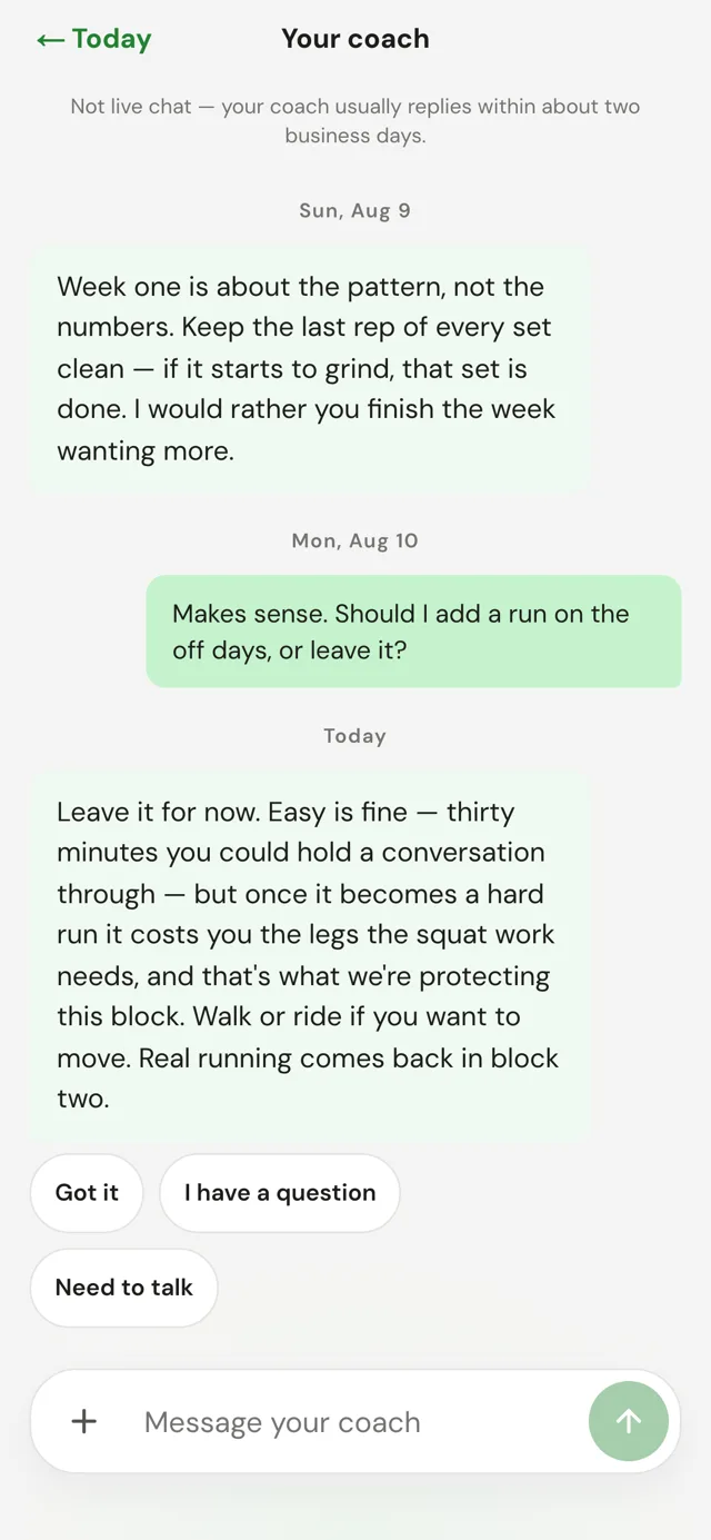 The coaching thread, showing a note from the coach and the athlete's reply.