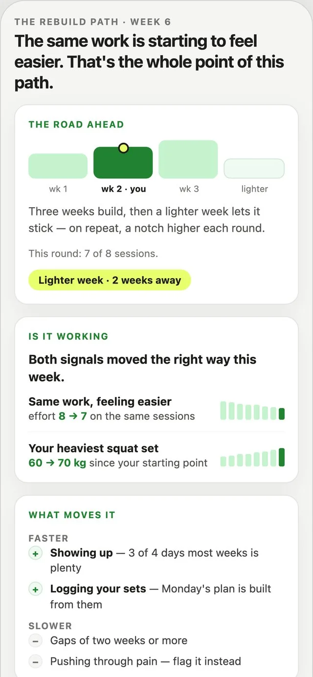 The journey view, showing where the athlete sits in the build-and-recover cycle.